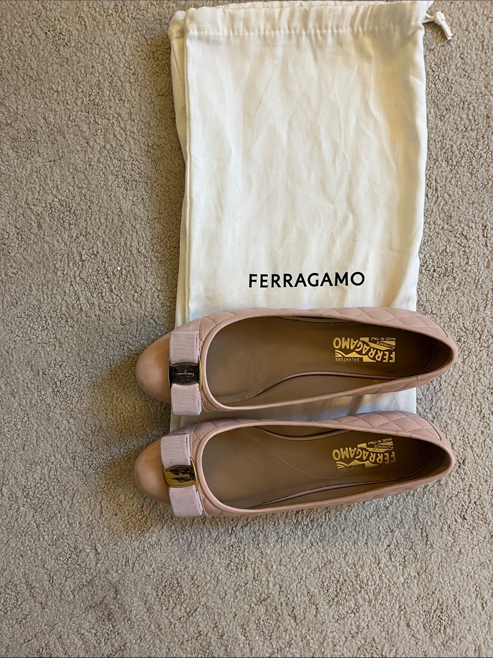 Salvatore Ferragamo Pink Quilted Vara Bow Leather Flats